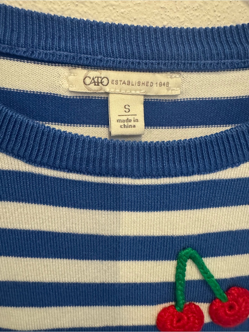 Blue & White Striped Cherry Embroidered Knit Sweater Top Size S - Picture 2 of 4